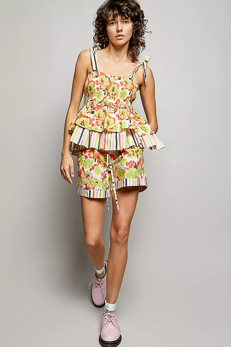 POL Drawstring Floral Shorts with Contrast Striped Trim