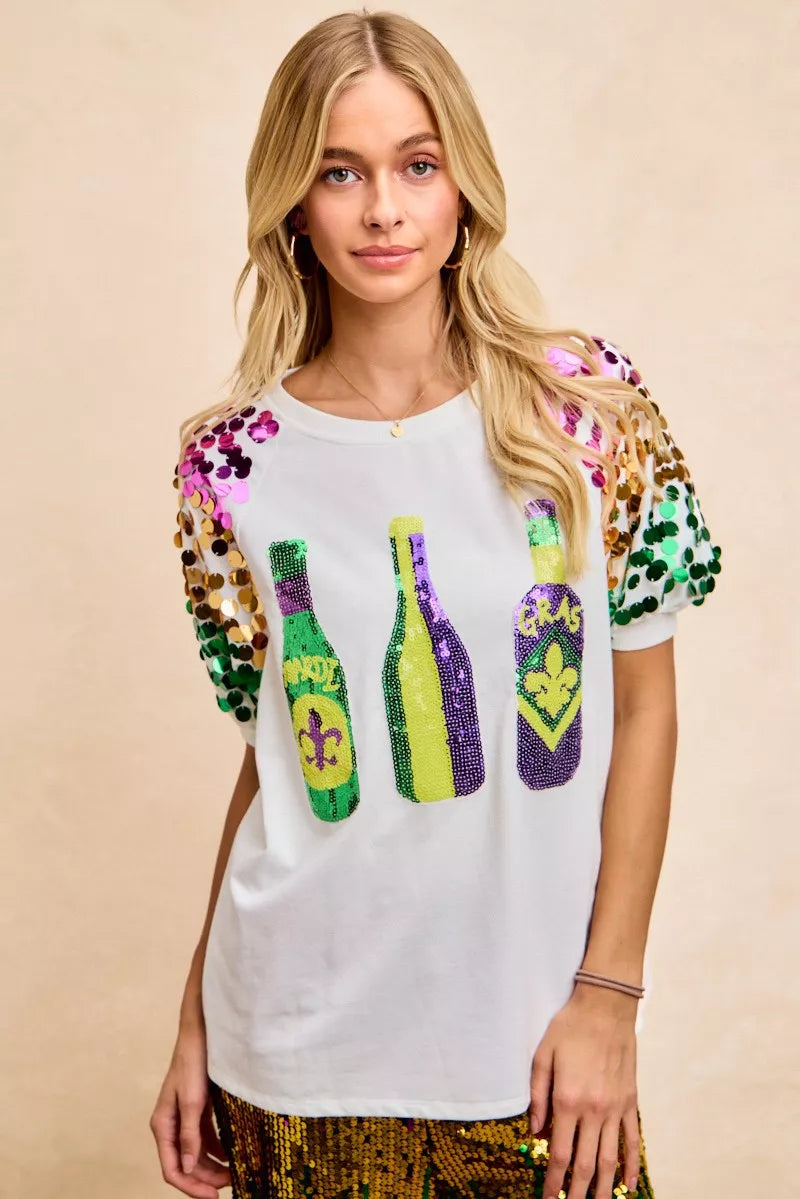 BiBi Sequin Mardi Gras Bottles Spangled Sleeve Top