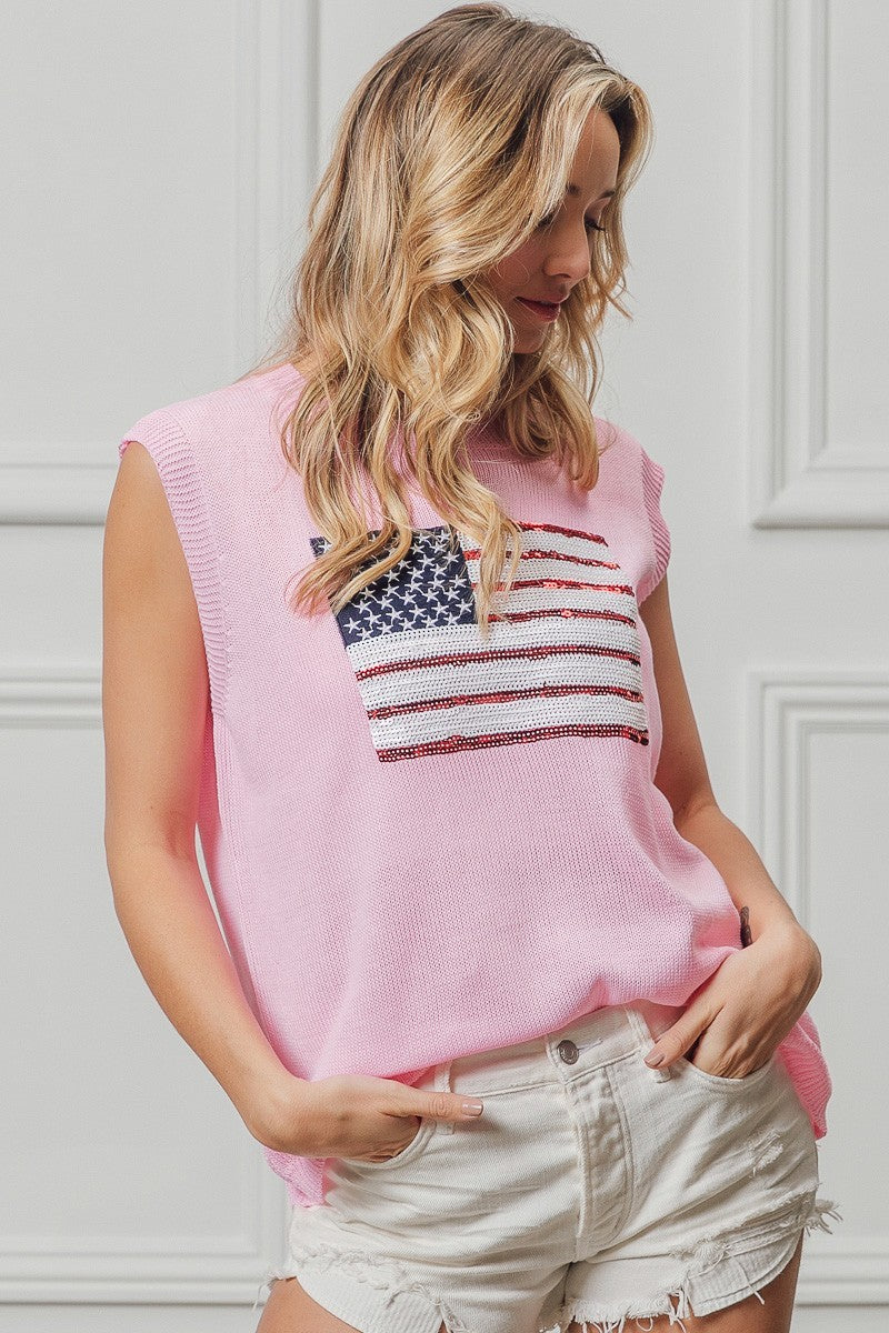 BiBi American Flag Sequins Patch Knit Top