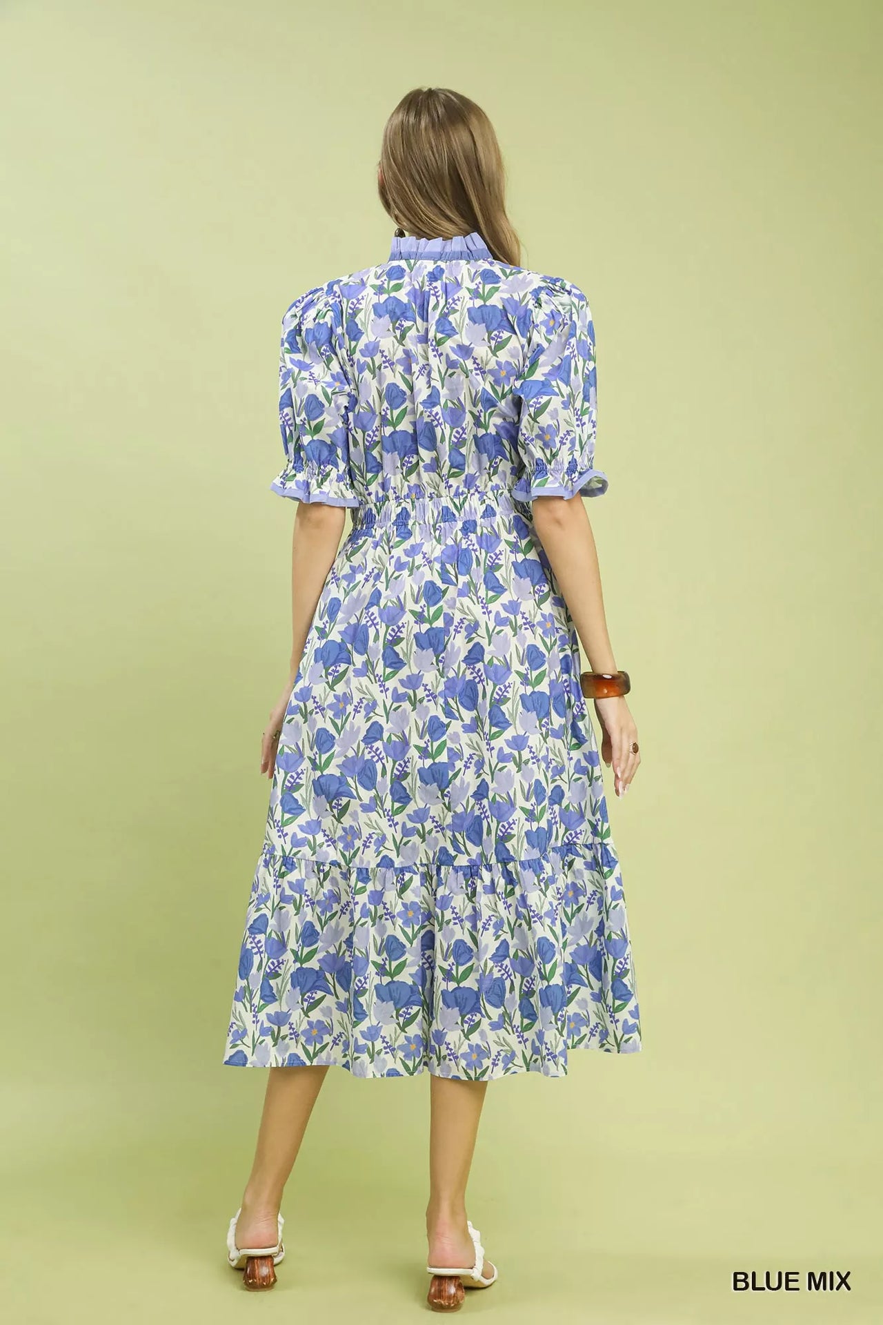 Umgee Floral Ruffle Trim Tiered Midi Dress
