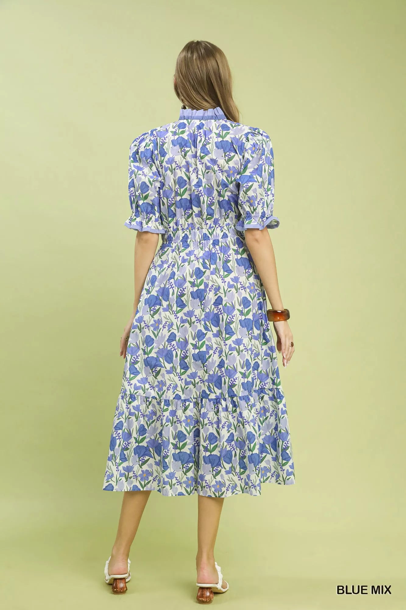 Umgee Floral Ruffle Trim Tiered Midi Dress