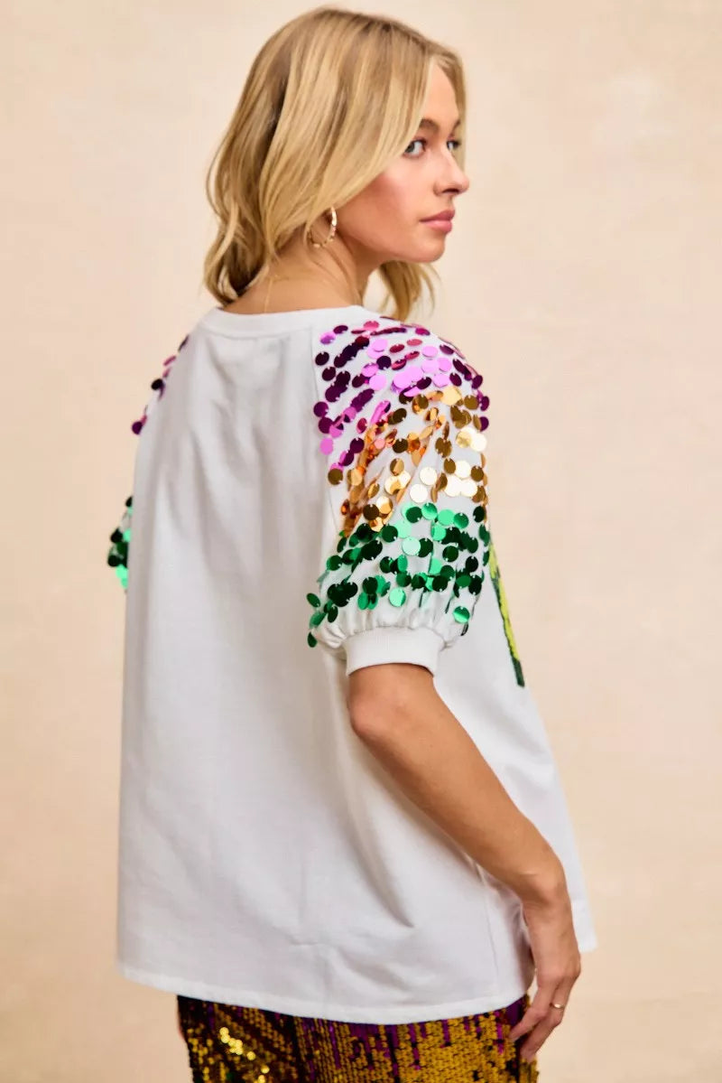 BiBi Sequin Mardi Gras Bottles Spangled Sleeve Top