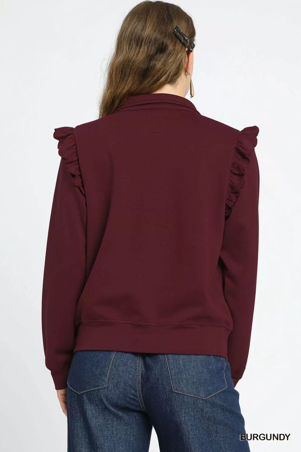 Umgee Luxeknit Ruffle Shoulder Quarter-Zip Sweatshirt