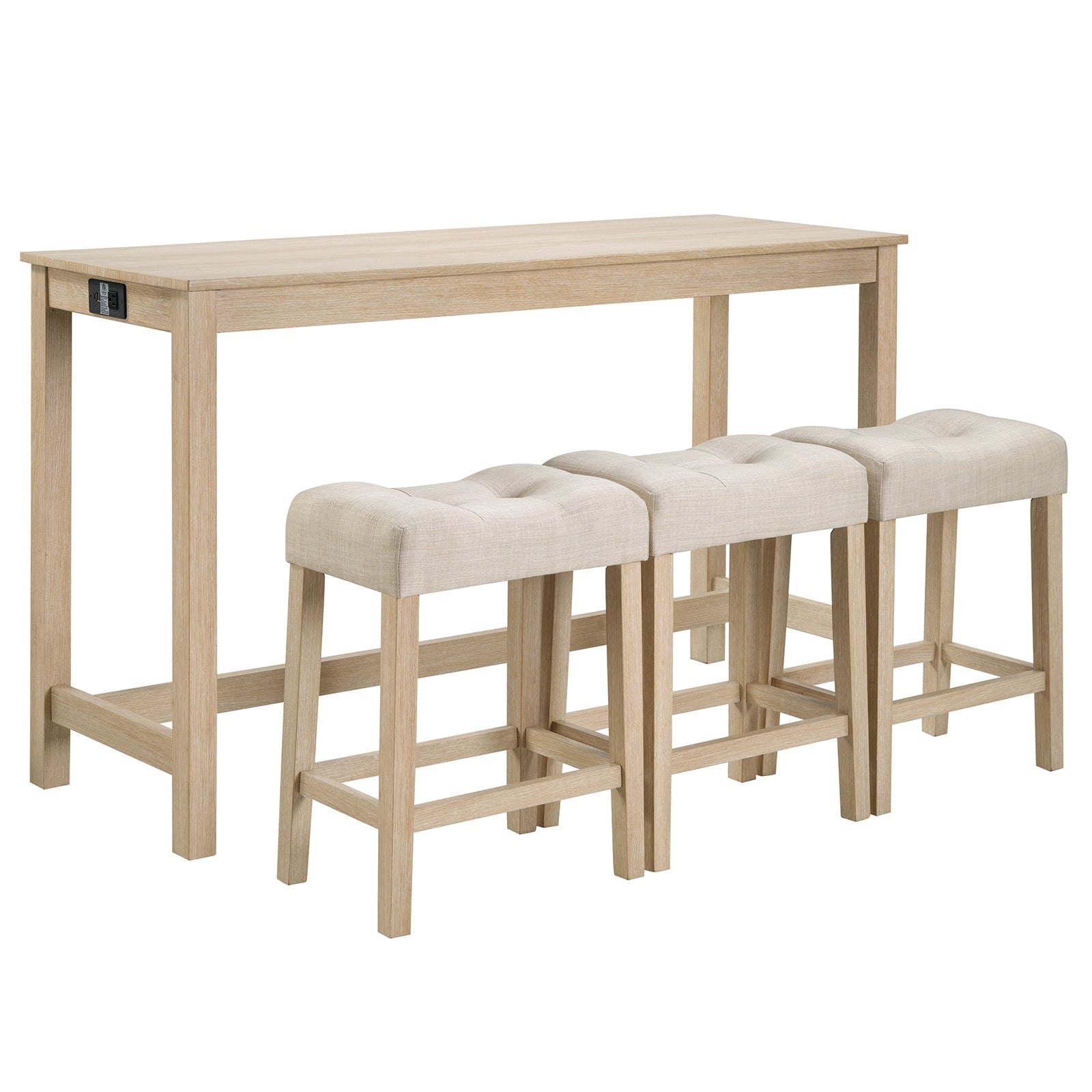 4 Piece Bar Table Set with Power Outlet,Bar Table Set with Chairs,Sofa Bar Table with Stools,Behind Couch Table with 3 Padded Stools for Living Room,Dining room, Light Oak