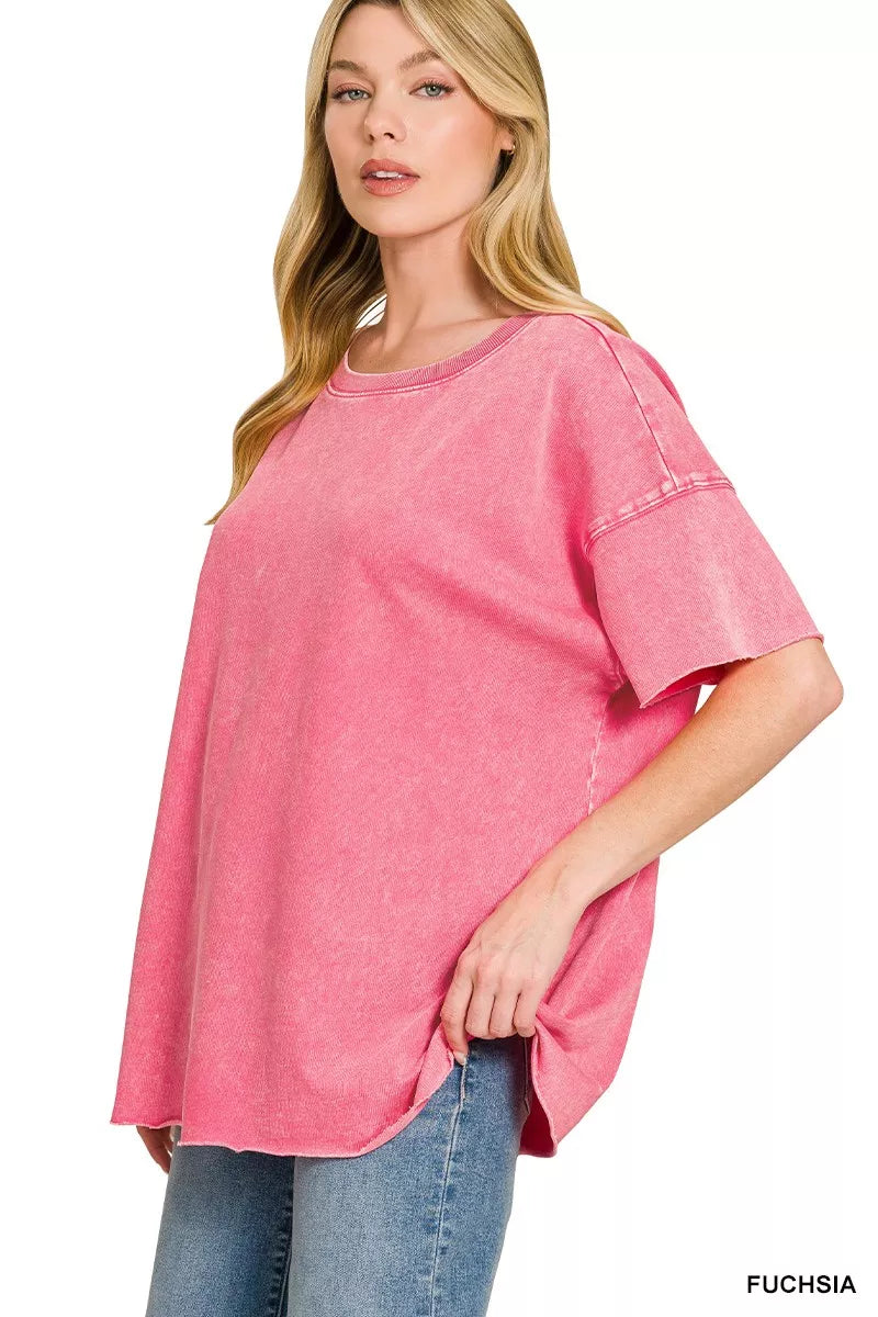Zenana Acid Wash French Terry Drop Shoulder Raw Edge Top