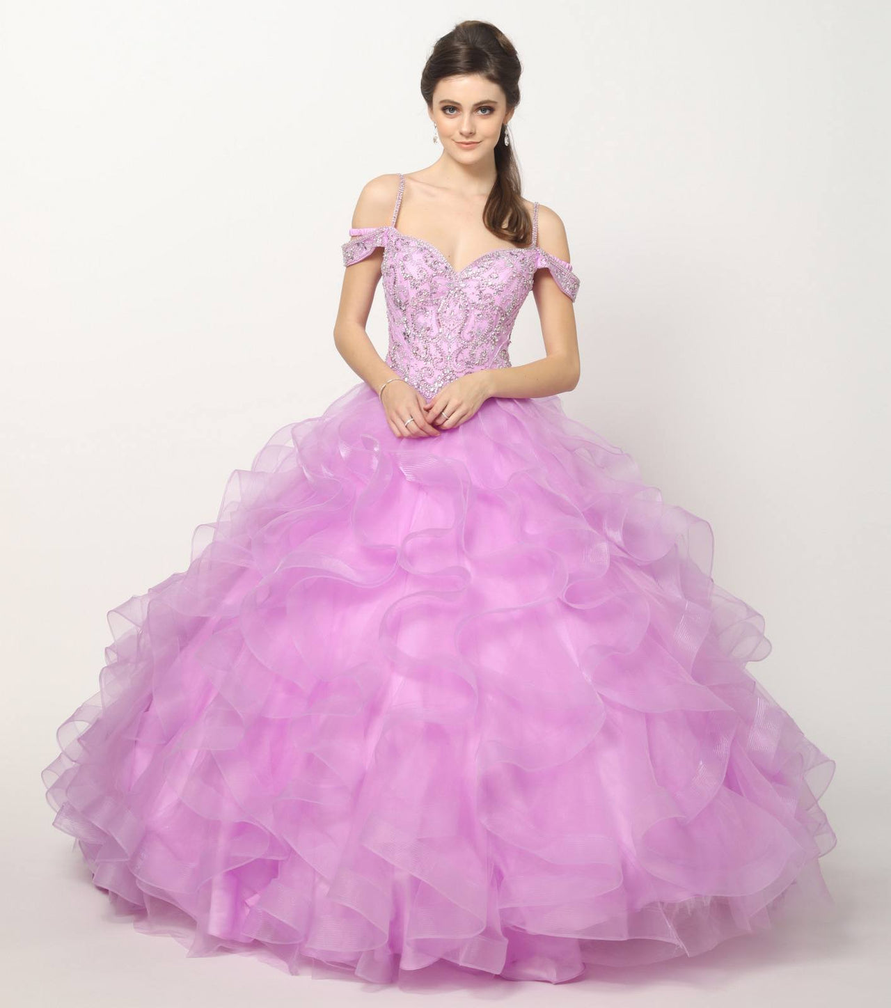 Juliet 1421 Cinderella Ball Gown Ruffled Tulle Cold Shoulder Embroidered Bodice