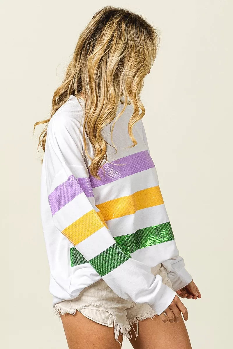 BiBi Sequin Mardi Gras Striped Round Neck Sweatshirt
