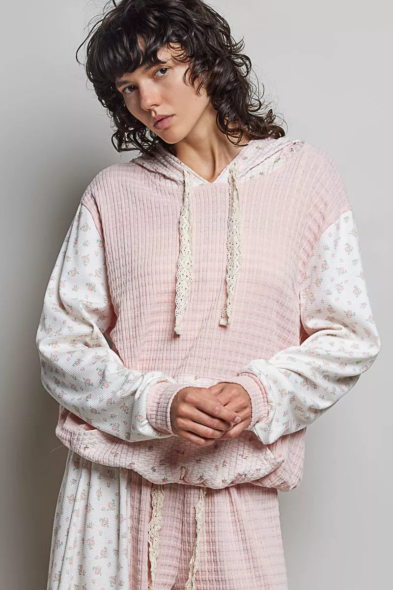 POL Mixed Knit Contrast Print Sleeve Hoodie with Kangaroo Pocket