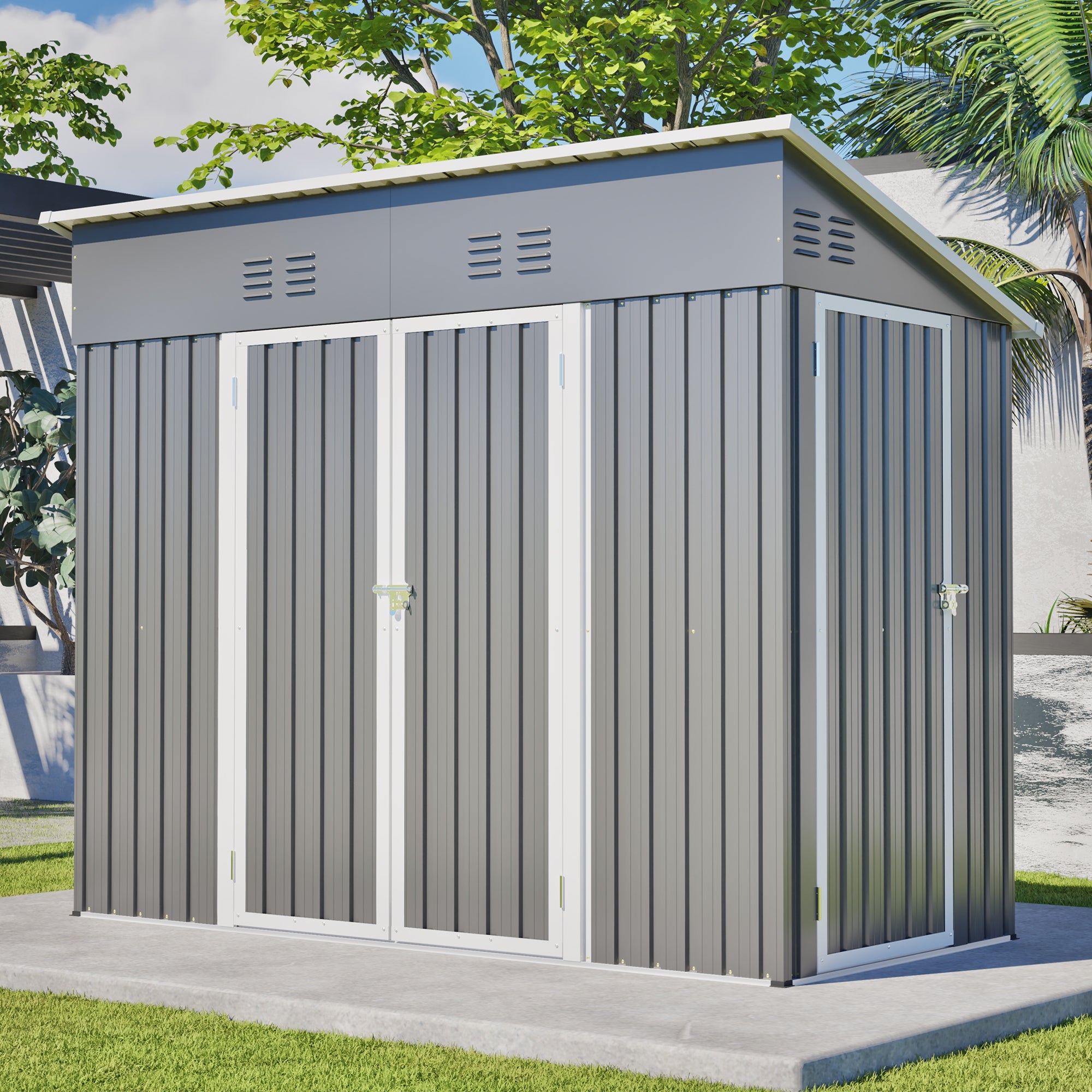 4x8 Slope-Roof Reinforced Storage Shed with Weatherproof Sloping Roof & 4 Air Vents, Heavy-Duty Sturdy Metal Frame, Left/Right Optional Door, Outdoor Tool Shed Warehouse for Garden Storage Pet House