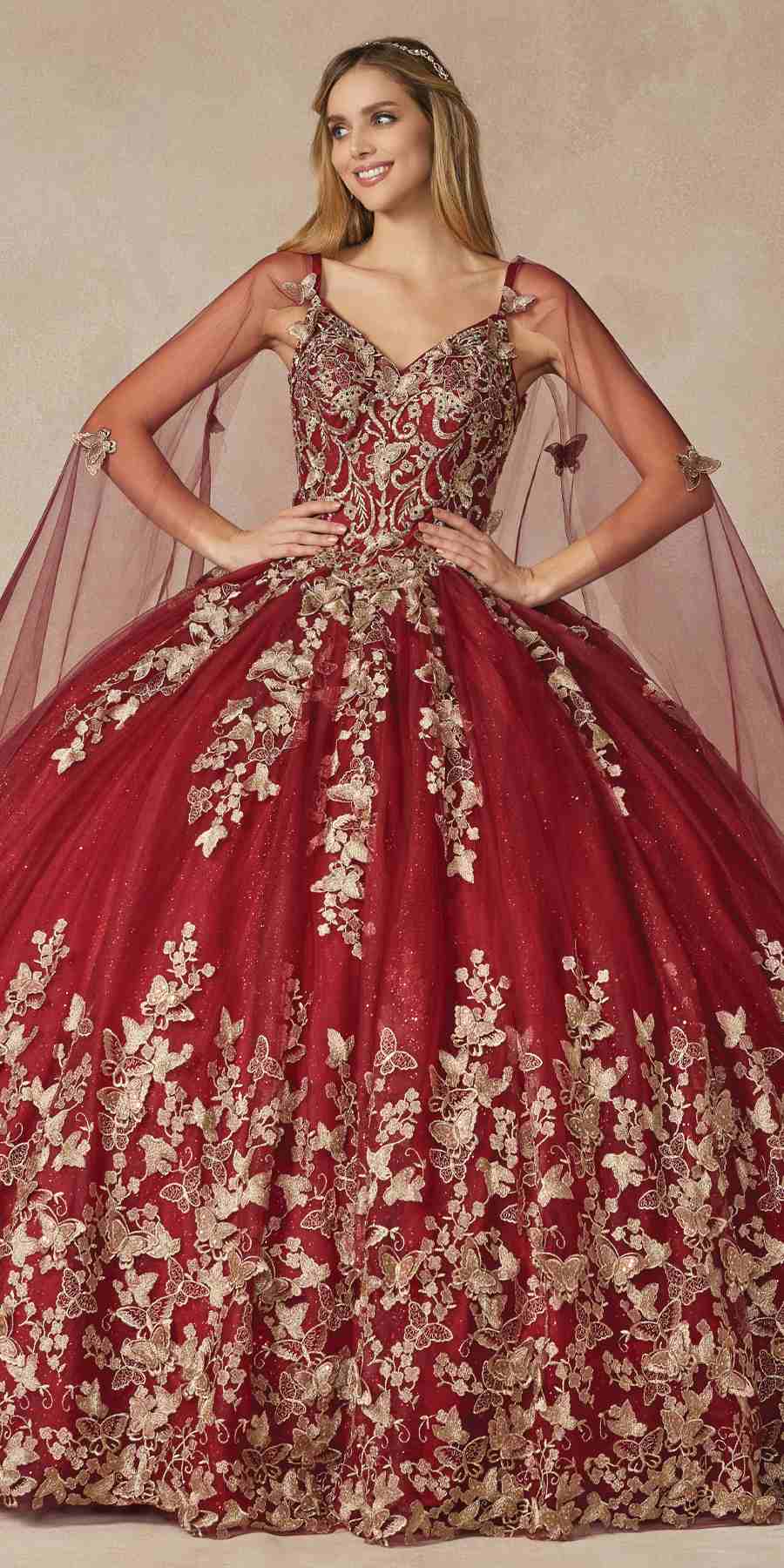 Juliet 1442 Long 3D Butterfly Appliques Strapless Bodice Cape Quinceanera Dress
