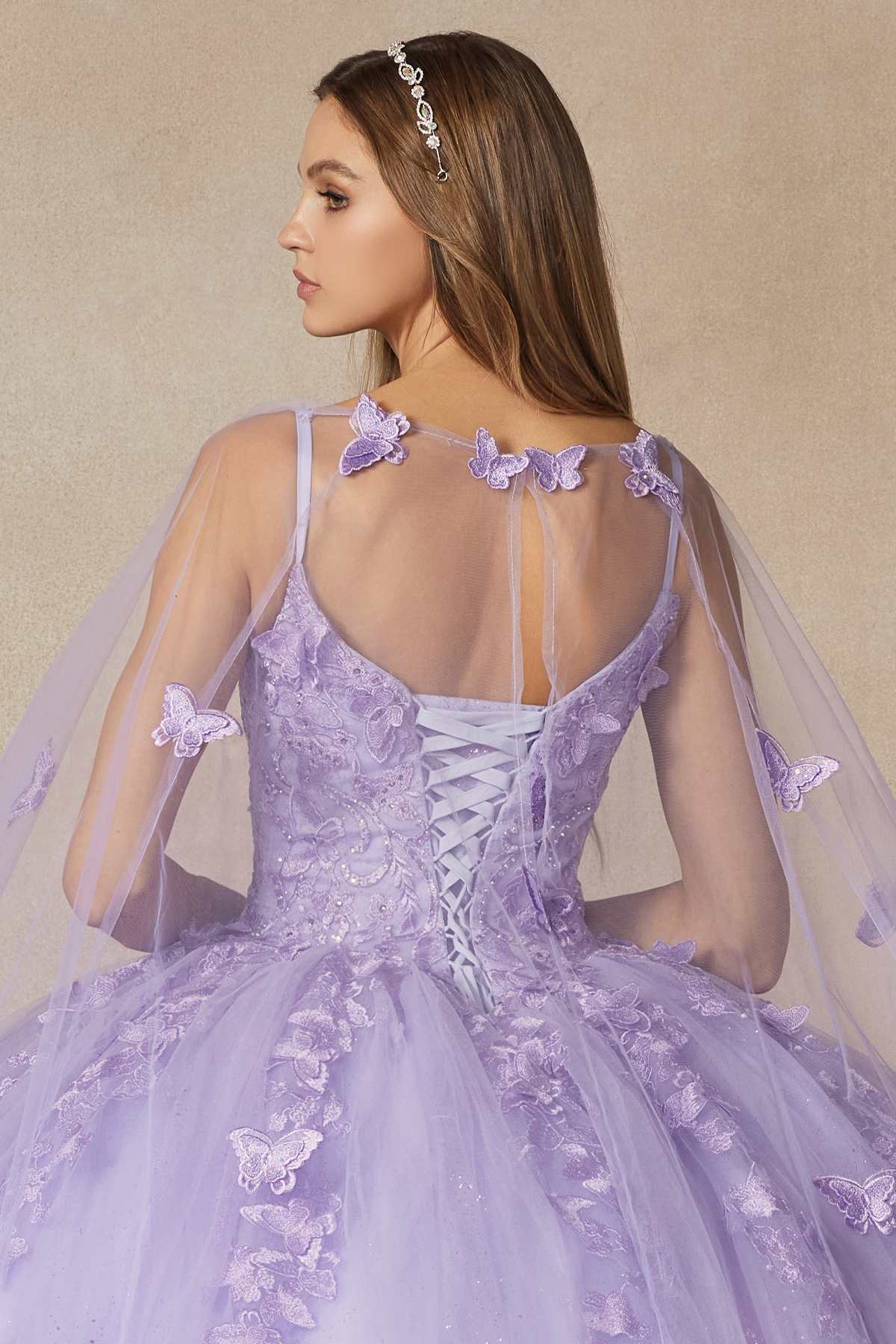 Juliet 1442 Long 3D Butterfly Appliques Strapless Bodice Cape Quinceanera Dress