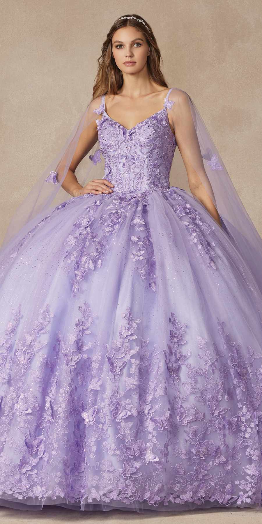 Juliet 1442 Long 3D Butterfly Appliques Strapless Bodice Cape Quinceanera Dress