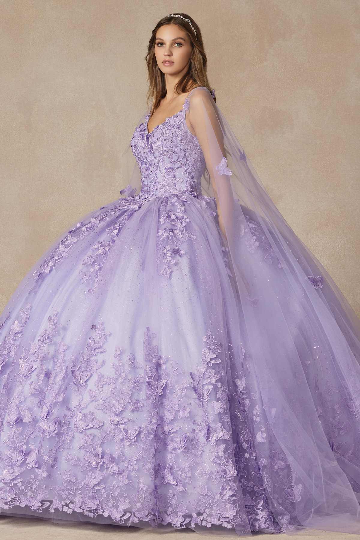 Juliet 1442 Long 3D Butterfly Appliques Strapless Bodice Cape Quinceanera Dress