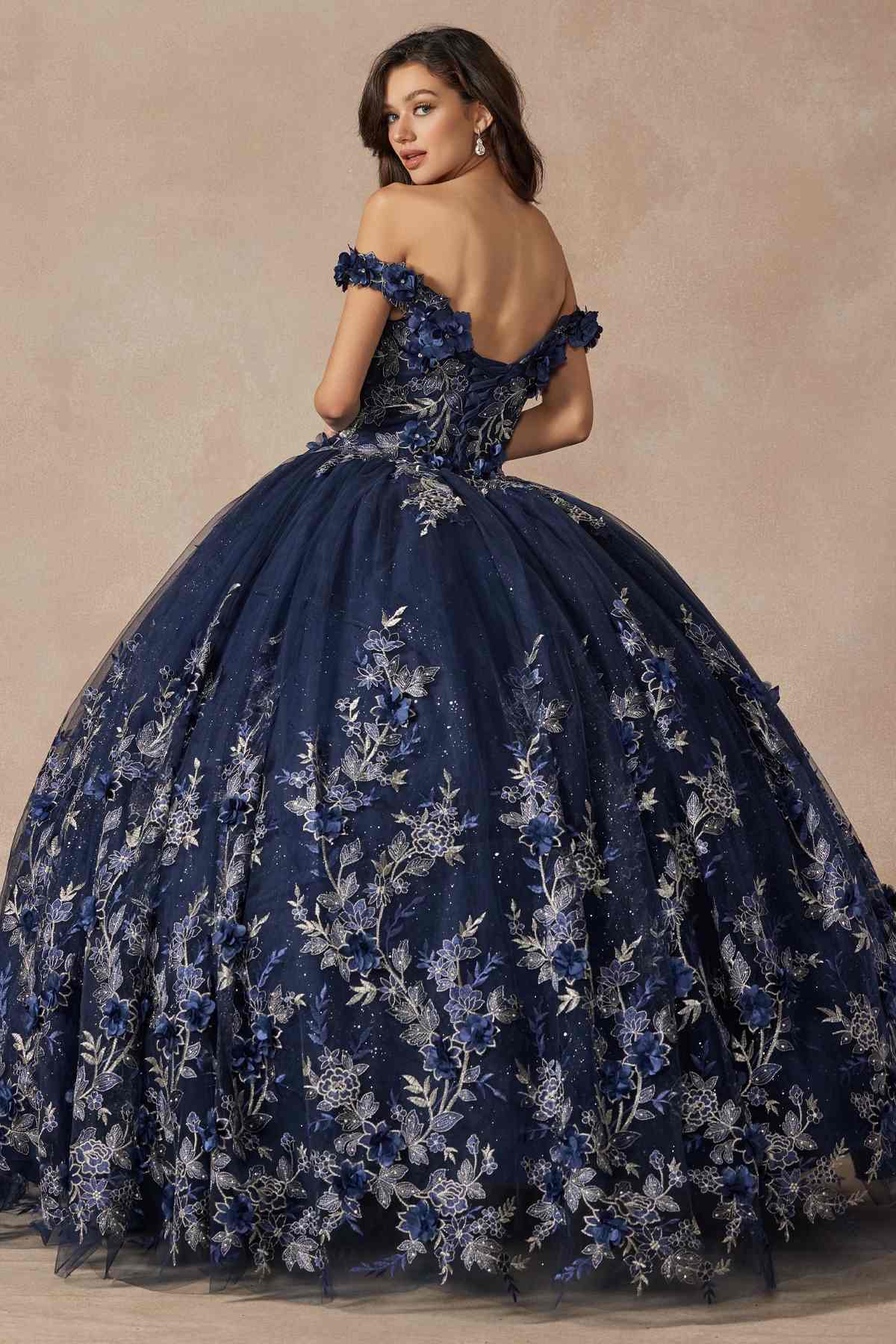 Juliet 1447 Long 3D Floral Appliques Off Shoulder Poofy Ball Gown