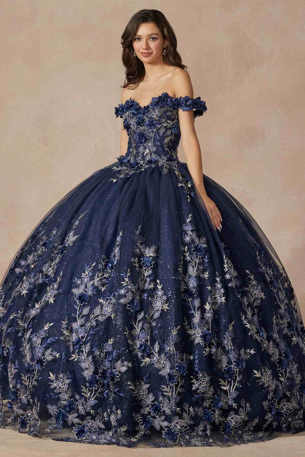 Juliet 1447 Long 3D Floral Appliques Off Shoulder Poofy Ball Gown