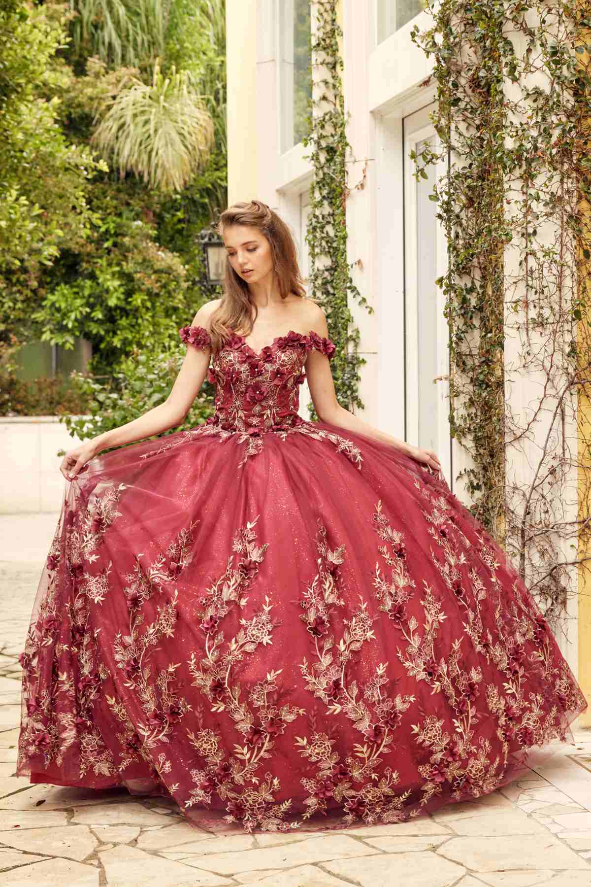 Juliet 1447 Long 3D Floral Appliques Off Shoulder Poofy Ball Gown