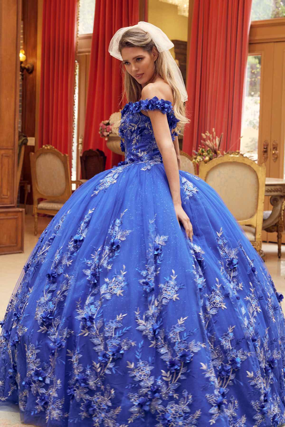 Juliet 1447 Long 3D Floral Appliques Off Shoulder Poofy Ball Gown