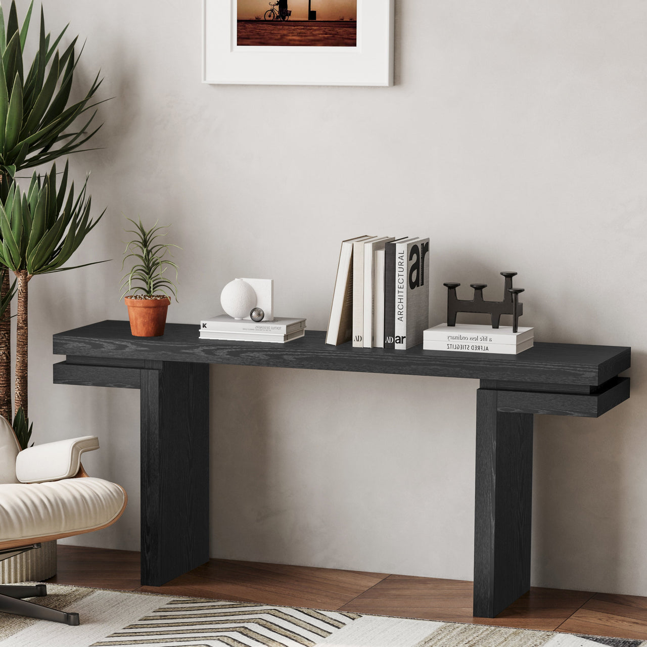 66' Extra Wide Real Wood Veneered Console Table, Minimalist Sofa Table Behind Couch for Entryway, Hallway, Living Room, Home Office, Black