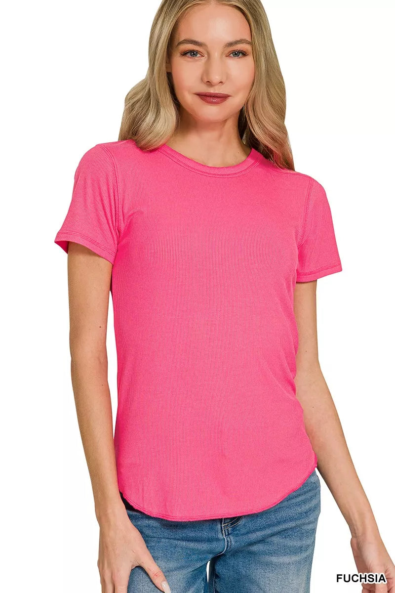 Zenana Ribbed Curved Hem Round-Neck Tee