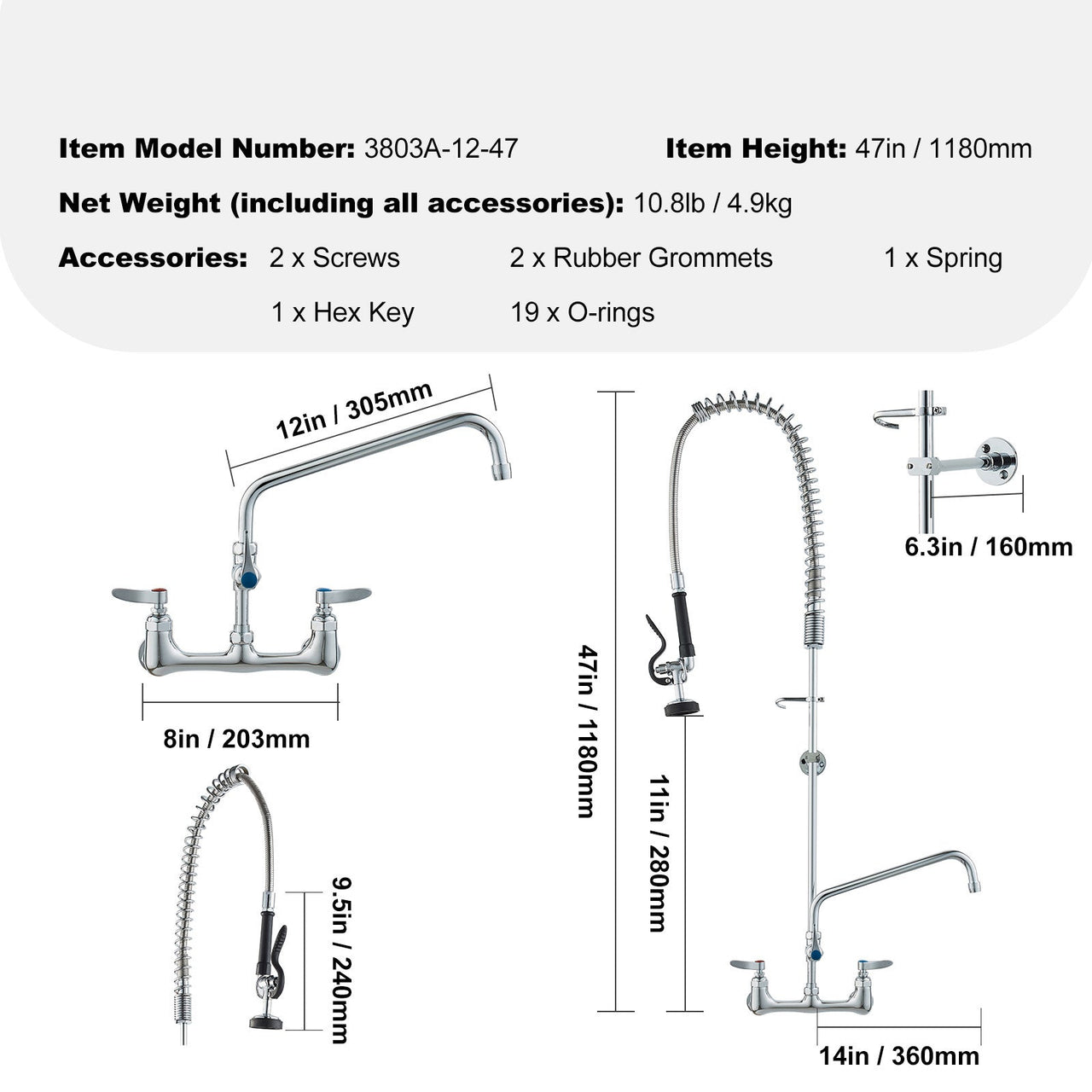 Commercial Faucet with Pre-Rinse Sprayer, 47' Height, 8' Center, 12' Swing Spout, Wall Mount Kitchen Sink Faucet, Brass Constructed Device with Pull Down Spray, for 1/2/3 Compartment Sink