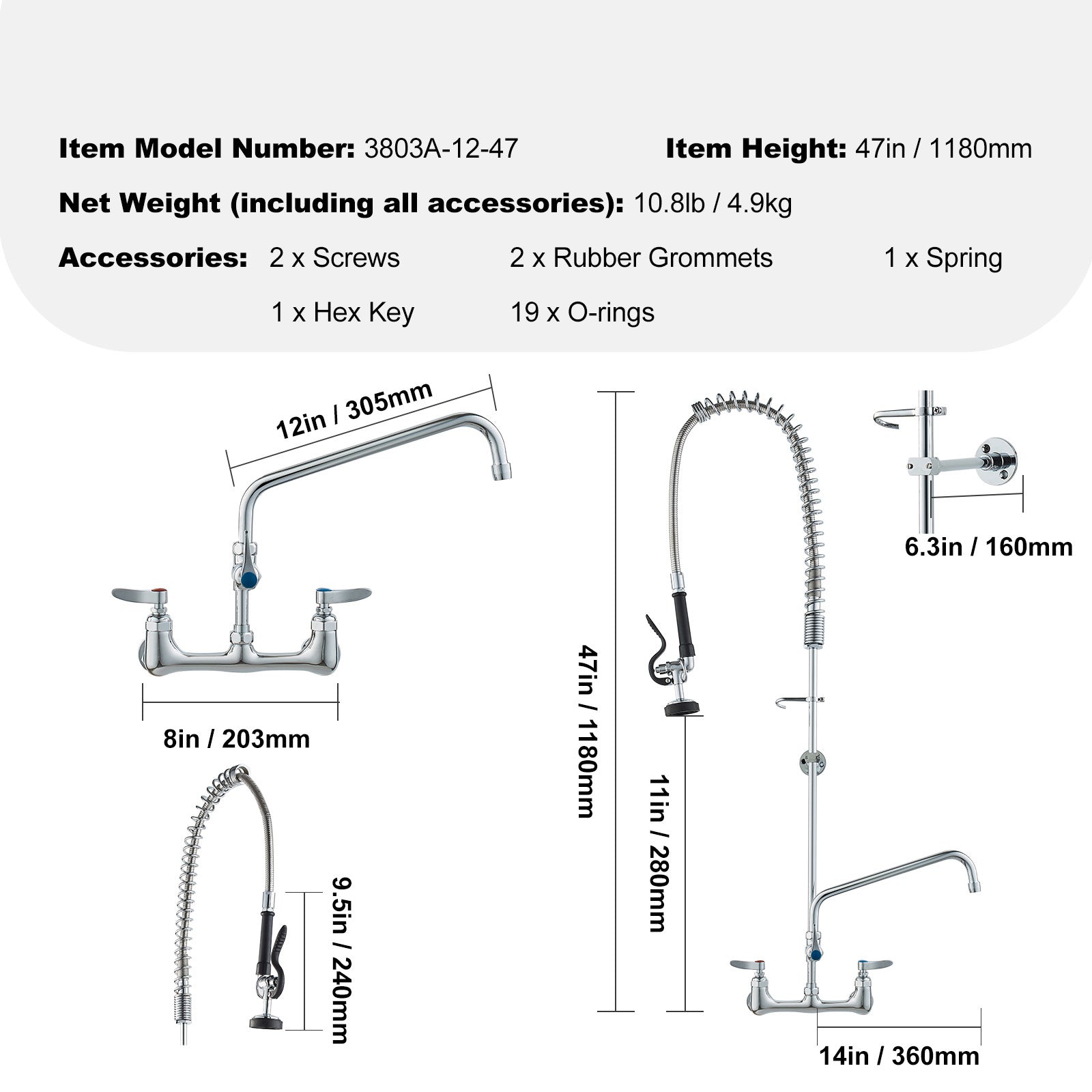 Commercial Faucet with Pre-Rinse Sprayer, 47' Height, 8' Center, 12' Swing Spout, Wall Mount Kitchen Sink Faucet, Brass Constructed Device with Pull Down Spray, for 1/2/3 Compartment Sink