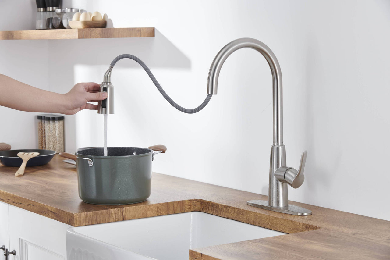 Kitchen Sink Faucet with Pull Out Sprayer Brushed Nickle,Stainless Steel High Arc Kitchen Sink Faucet, 3 Way Setting Single Handle Kitchen Faucets with Deck Plate