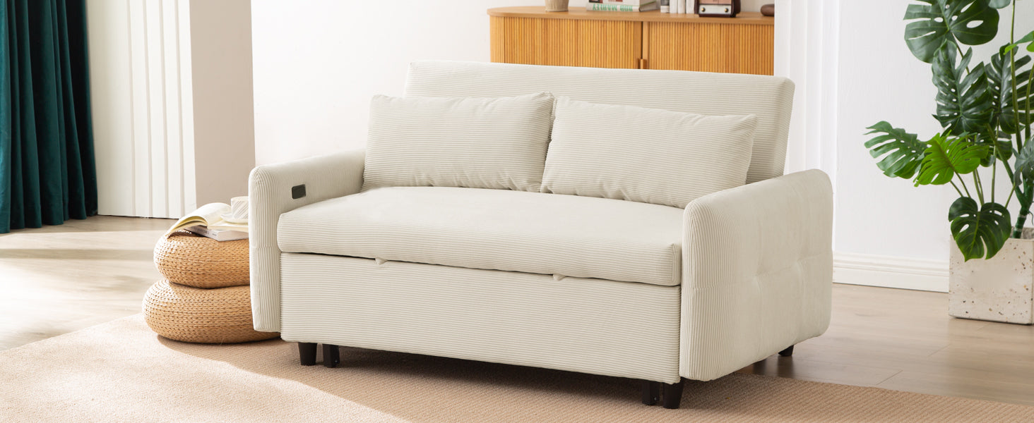 Modern Convertible Pull-out Sofa Bed with USB Ports and Pillows, Beige Corduroy, 57.48 inches