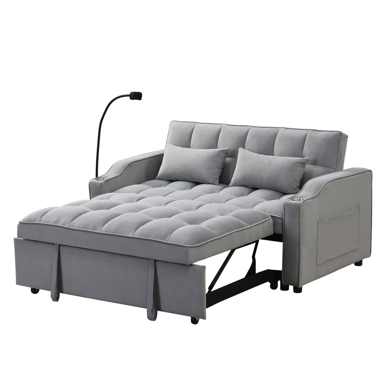 Modern Velvet Loveseat Futon Sofa Couch with Pullout Bed, Adjustable Backrest, Toss Pillows, Light Gray