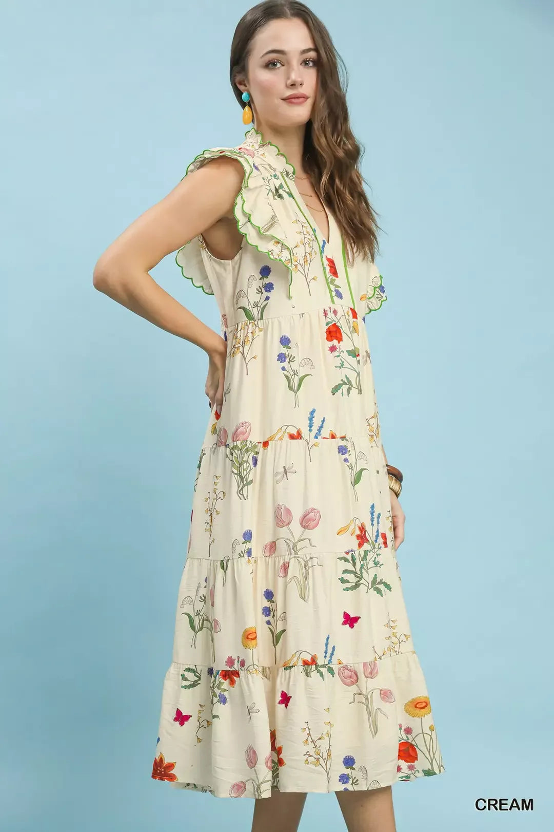 Umgee Floral Ruffle Tiered Midi Dress with Scalloped Detail