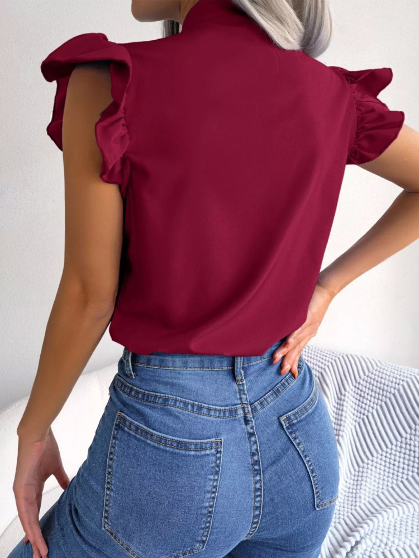 Bow Tie Ruffle Sleeve Blouse