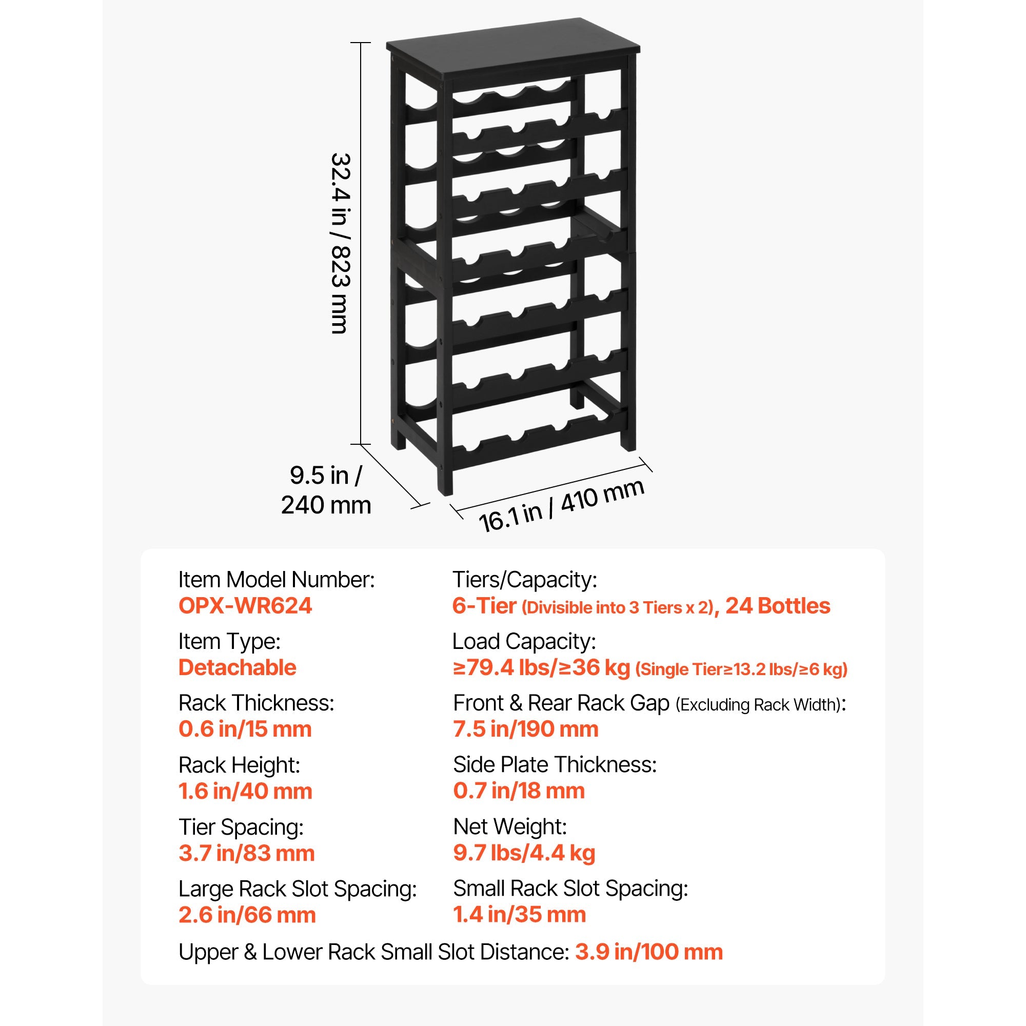24 Bottle Detachable Wine Rack, 6-Tier Wine Bottle Holder, Freestanding Floor Display Wine Storage Shelves with Table Top, For Kitchen,Cellar,Bar,Dining Room,Living Room, Black
