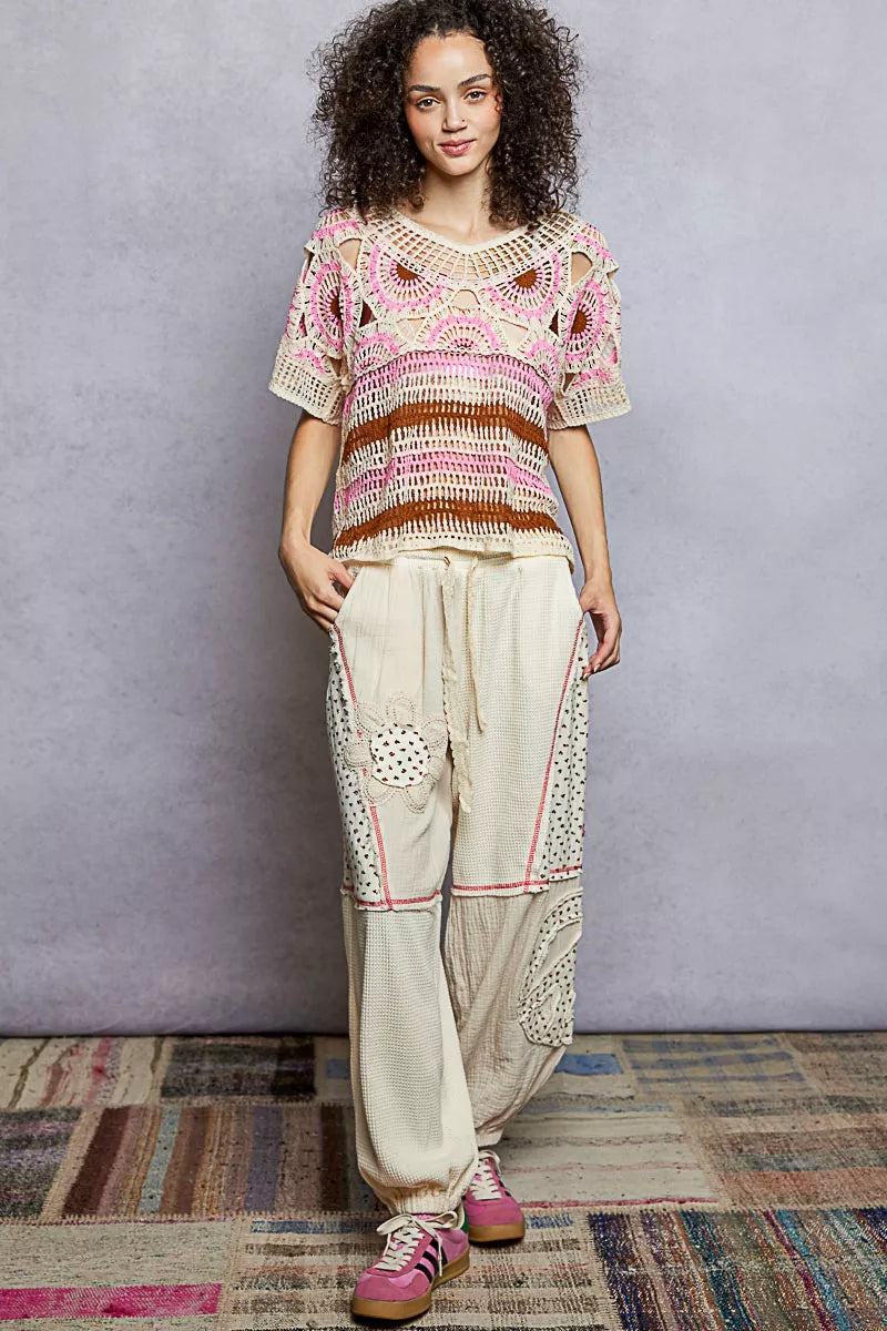 Weave Pattern Short Sleeve Crochet Top with Border Accents