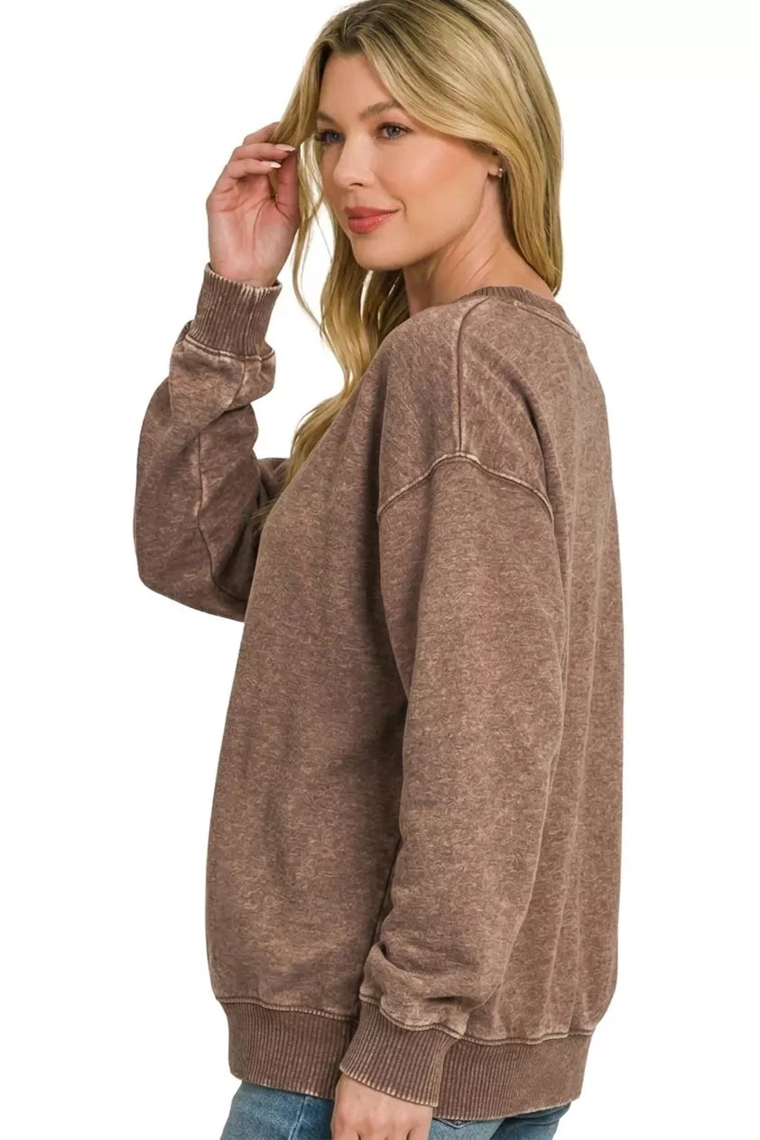 Zenana Fleece Acid Enzyme Washed Round Neck Sweatshirts
