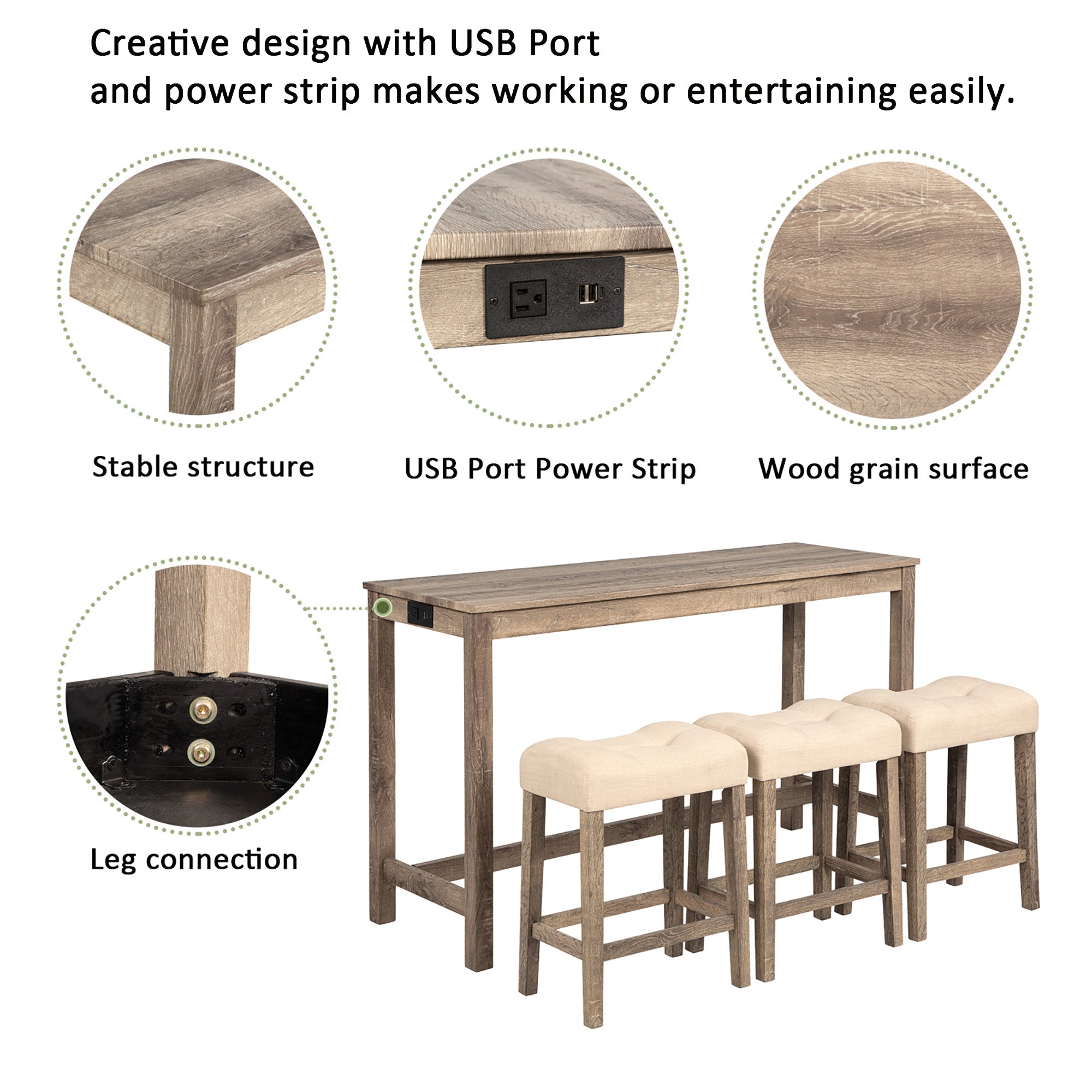4-Piece Bar Table Set with Power Outlet, Dining Bar Table and Chairs Set, Bar Table Set with 3 Padded Stools for Living Room, Dining Room, Game Room, Brown