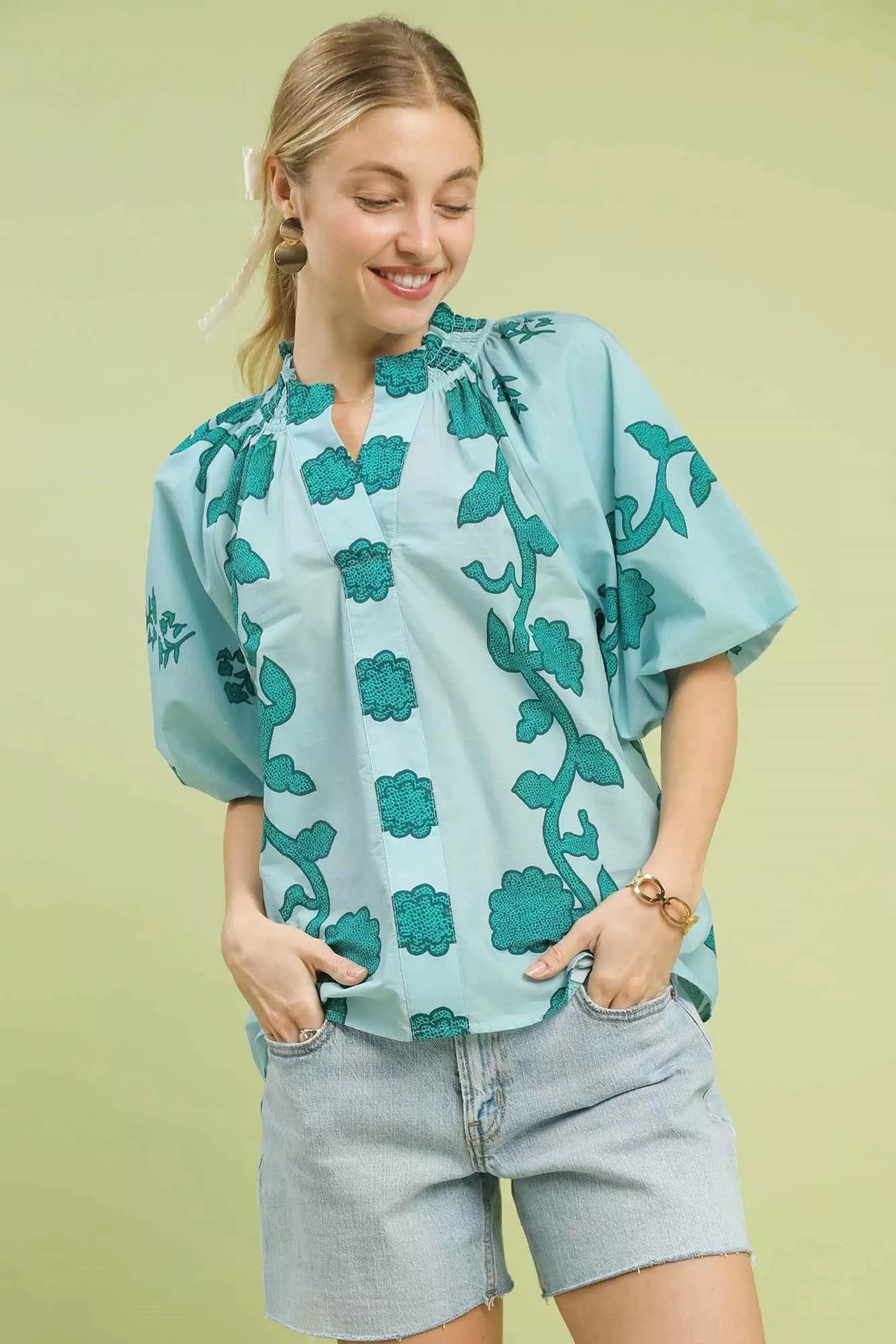 Umgee Floral Smocked Notched Puff Sleeve Blouse