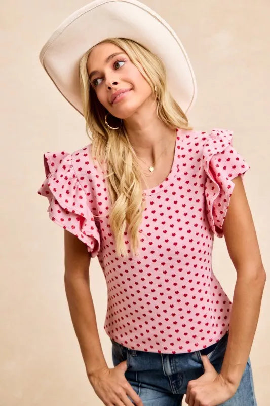 BiBi Heart Patterned Knit Ruffled Sleeves Top