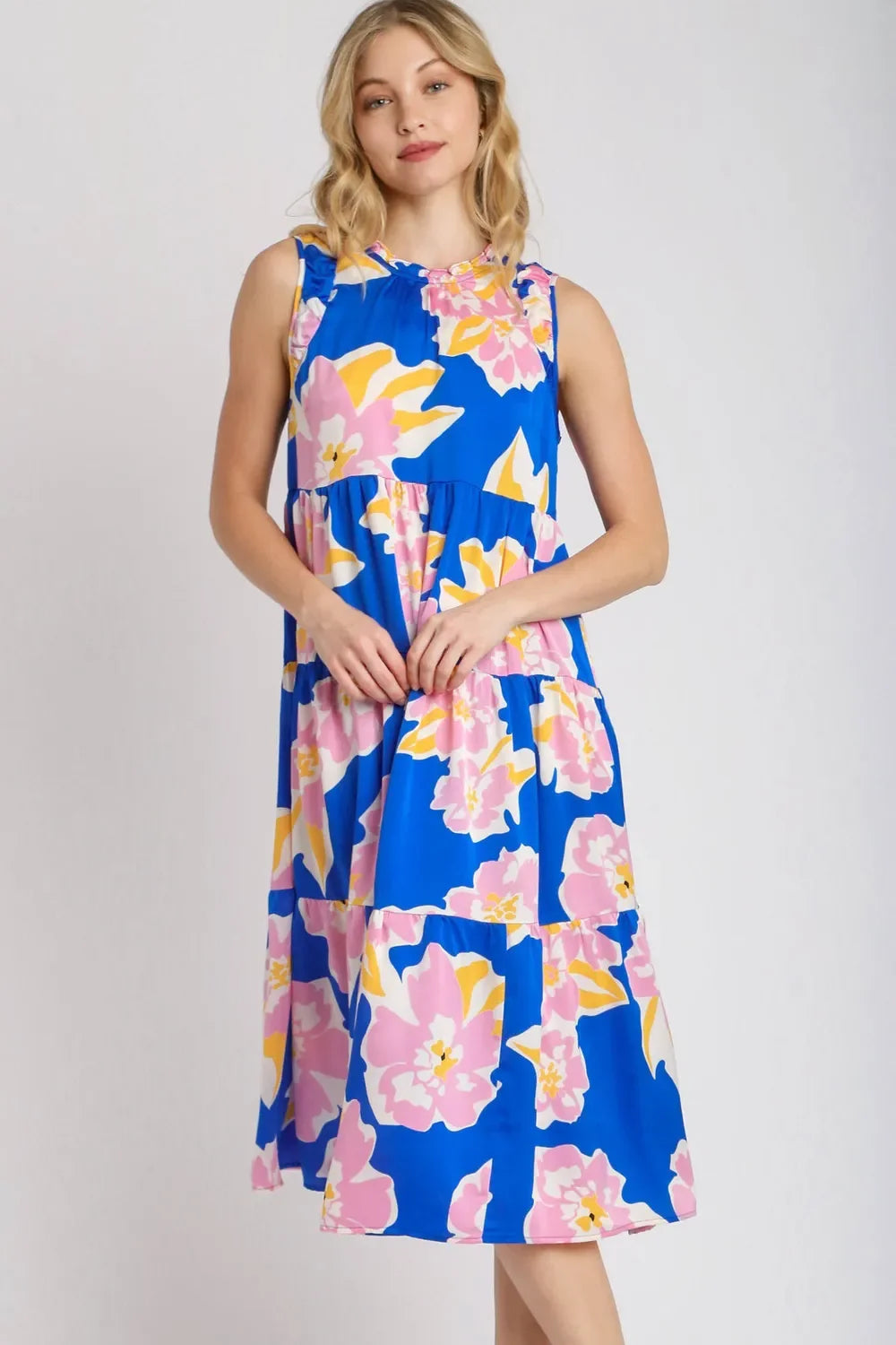 Umgee Full Size Floral Tiered Midi Tank Dress Plus Size