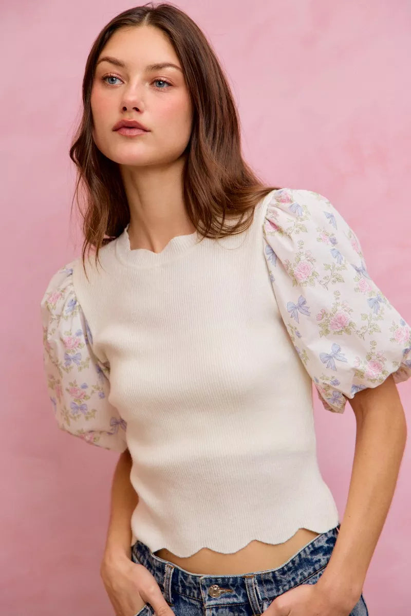 SO ME Floral Cotton Contrast Sleeves Scallop Sweater Top