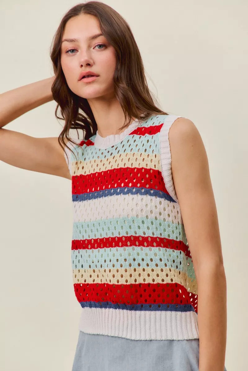 SO ME Tie Back Multi Stripe Sweater Knit Tank Top