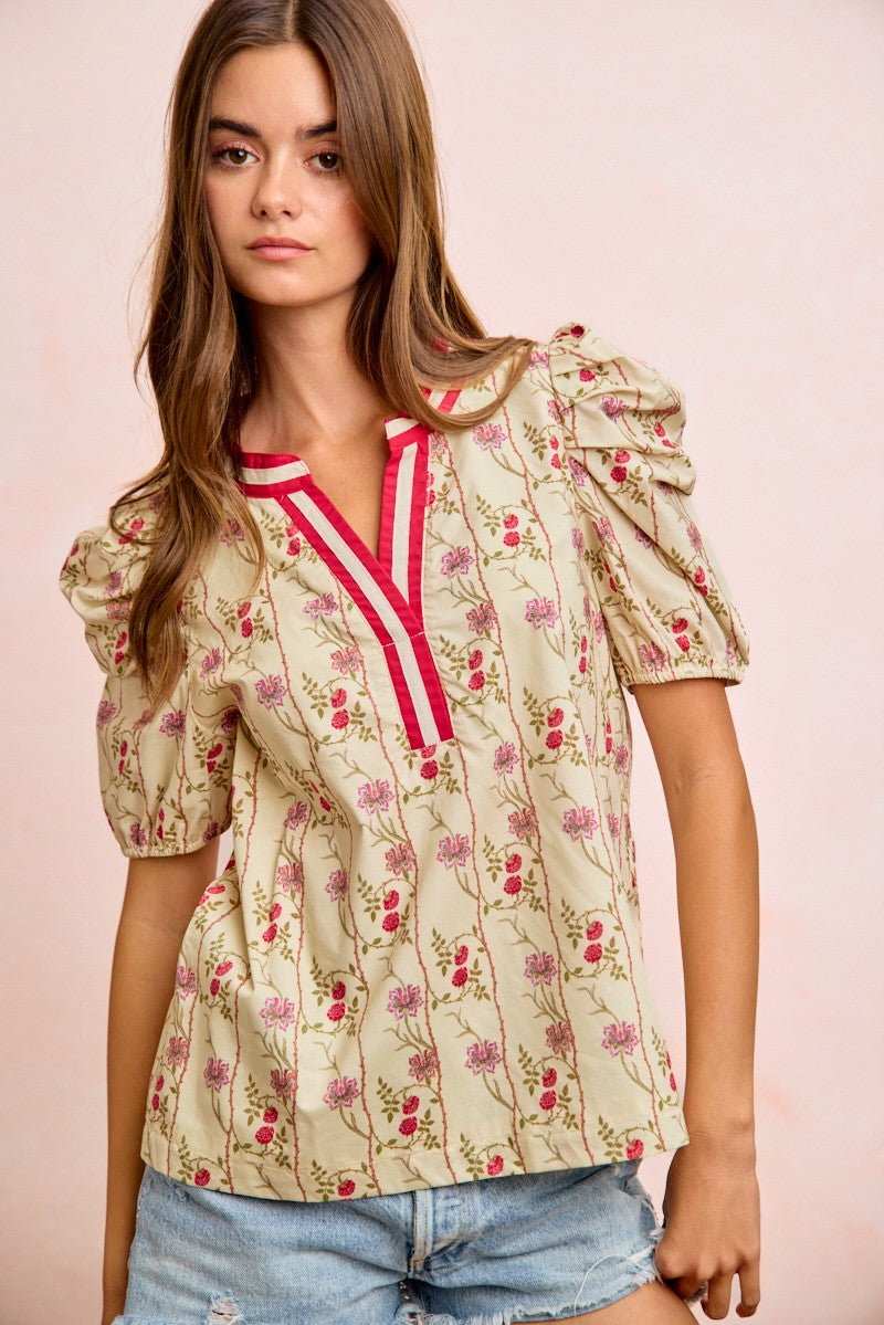 BiBi Floral Gather Sleeves Contrast Neckband Blouse Top