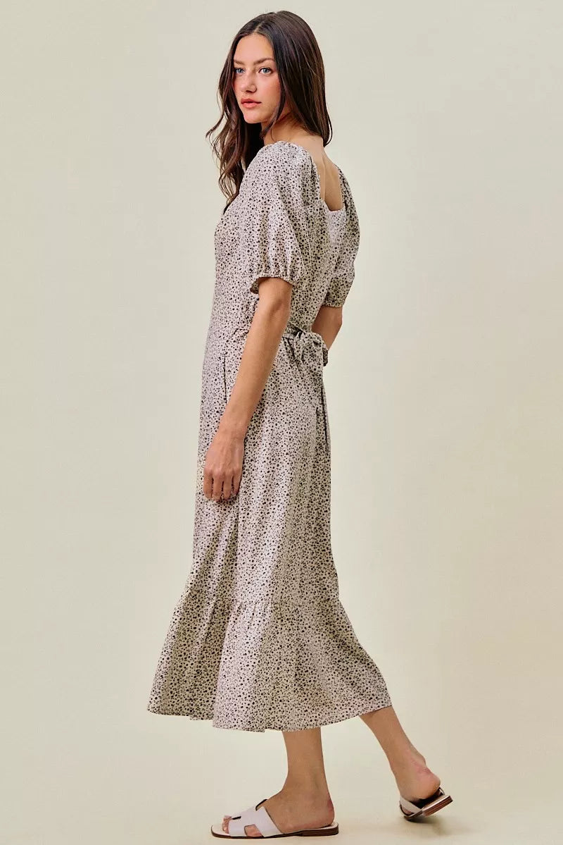SO ME Ditsy Floral Self Belt On Elastic Waist Maxi Dress