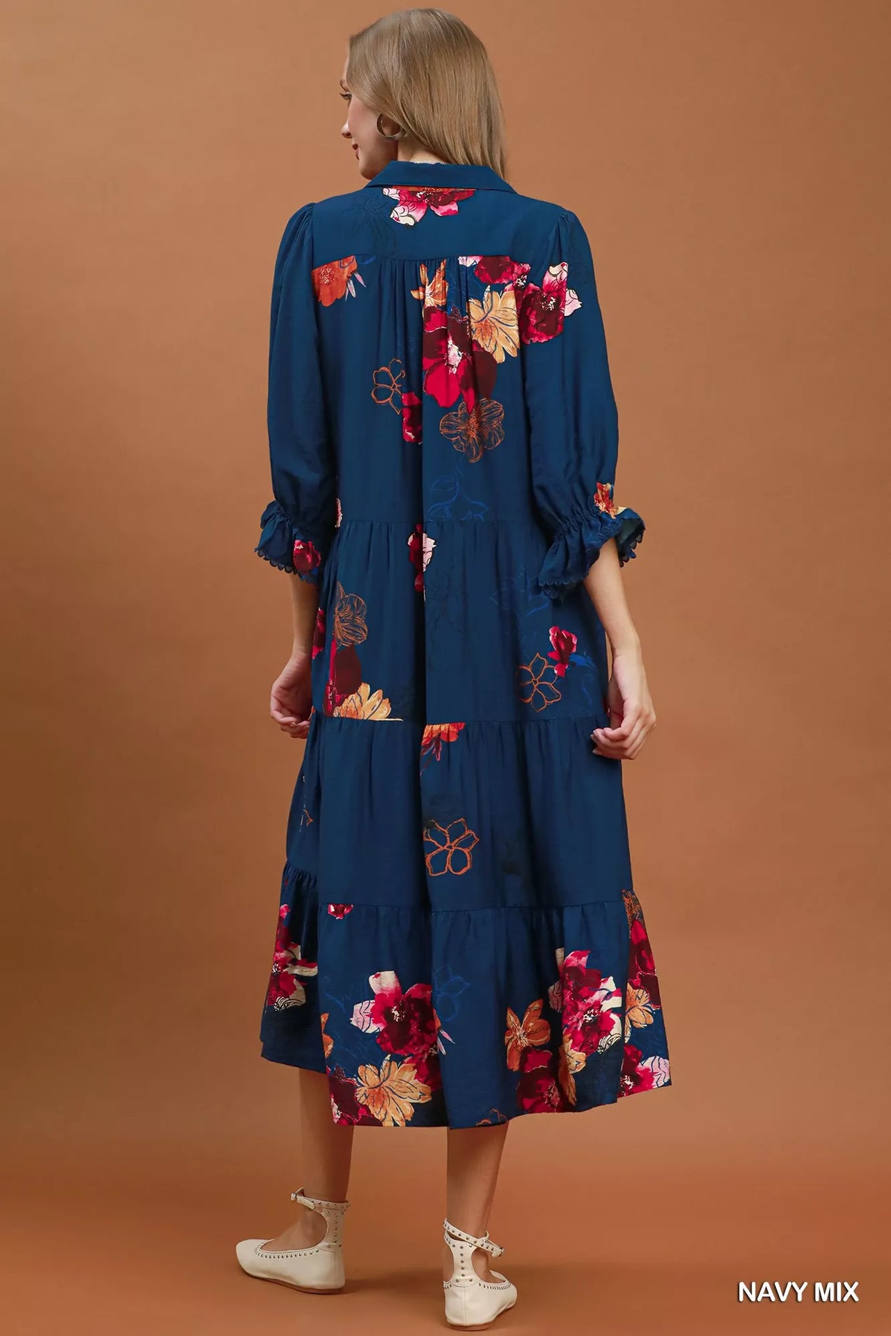Umgee Floral Print Tiered Midi Dress with Puff Sleeves