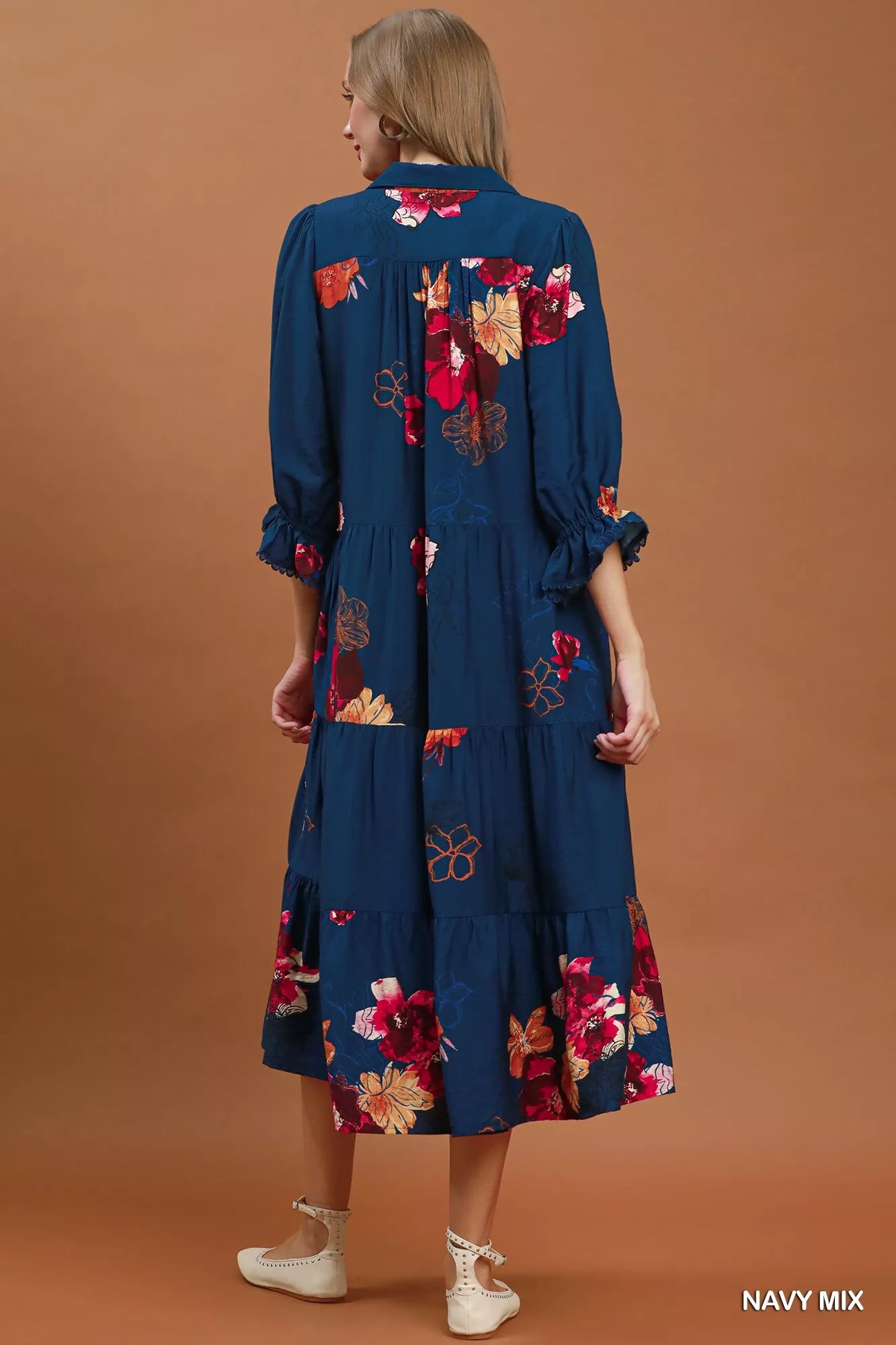 Umgee Floral Print Tiered Midi Dress with Puff Sleeves