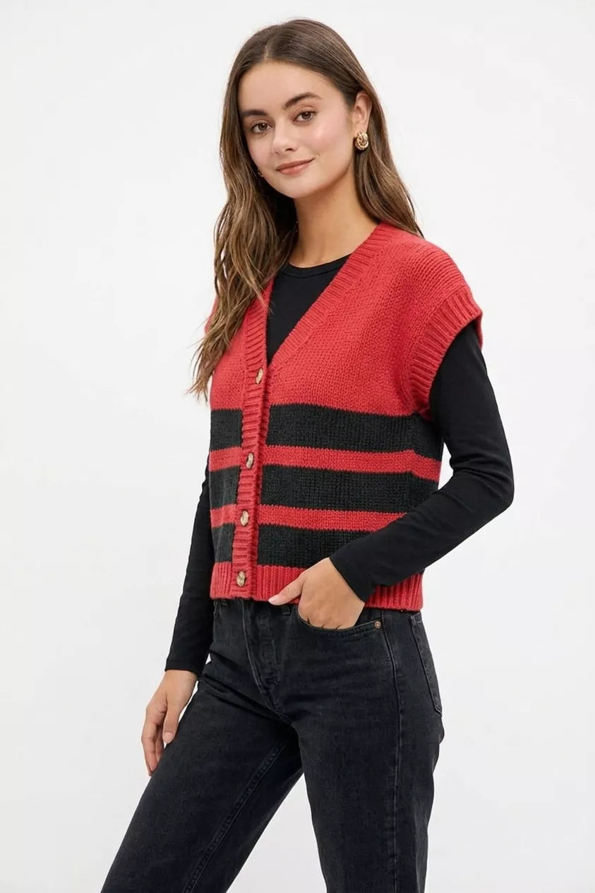 BiBi Game Day Theme Stripe Buttoned V Neck Knit Cardigan