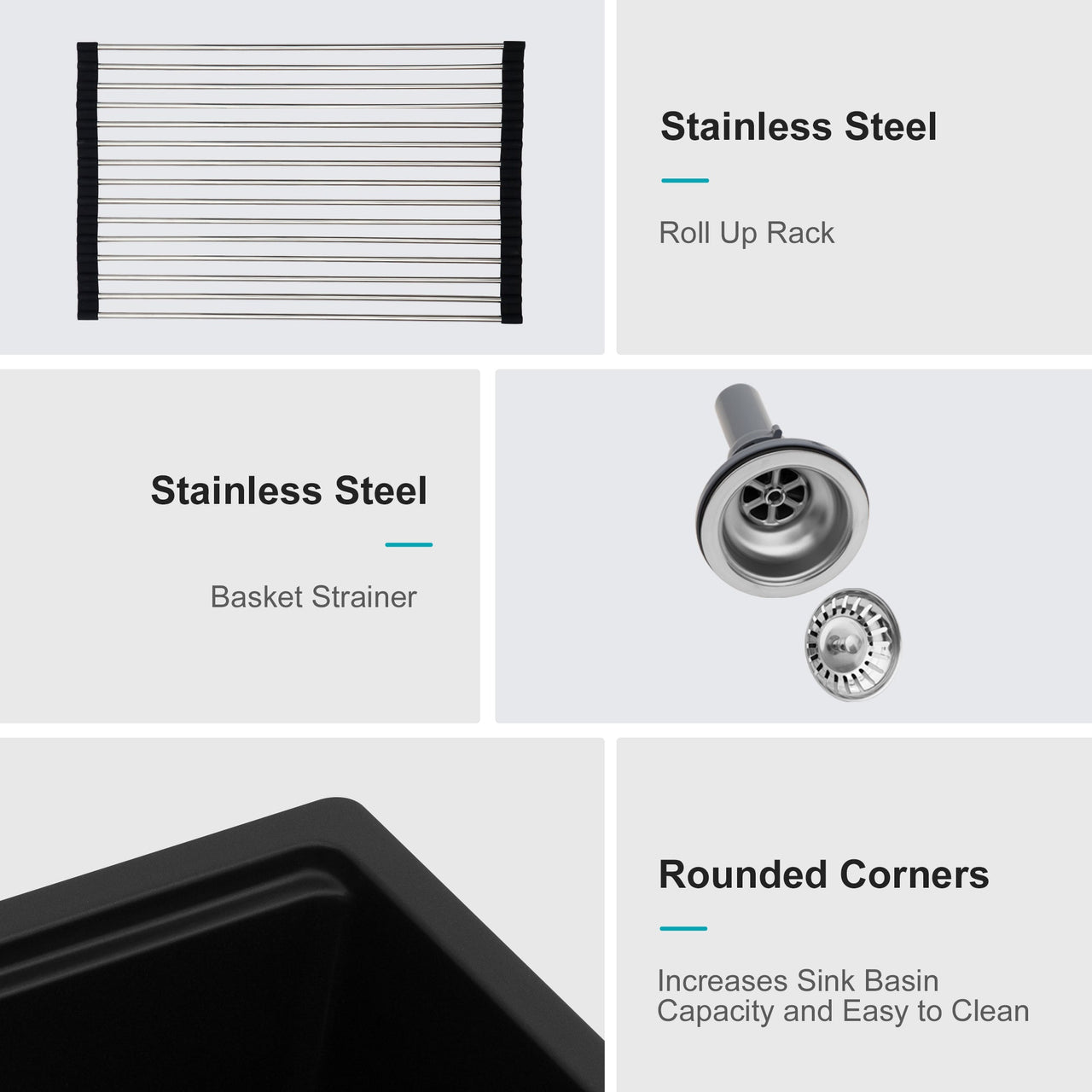 Quartz Composite Kitchen Sink Workstation Undermount 33x19 Inches Black Granite
