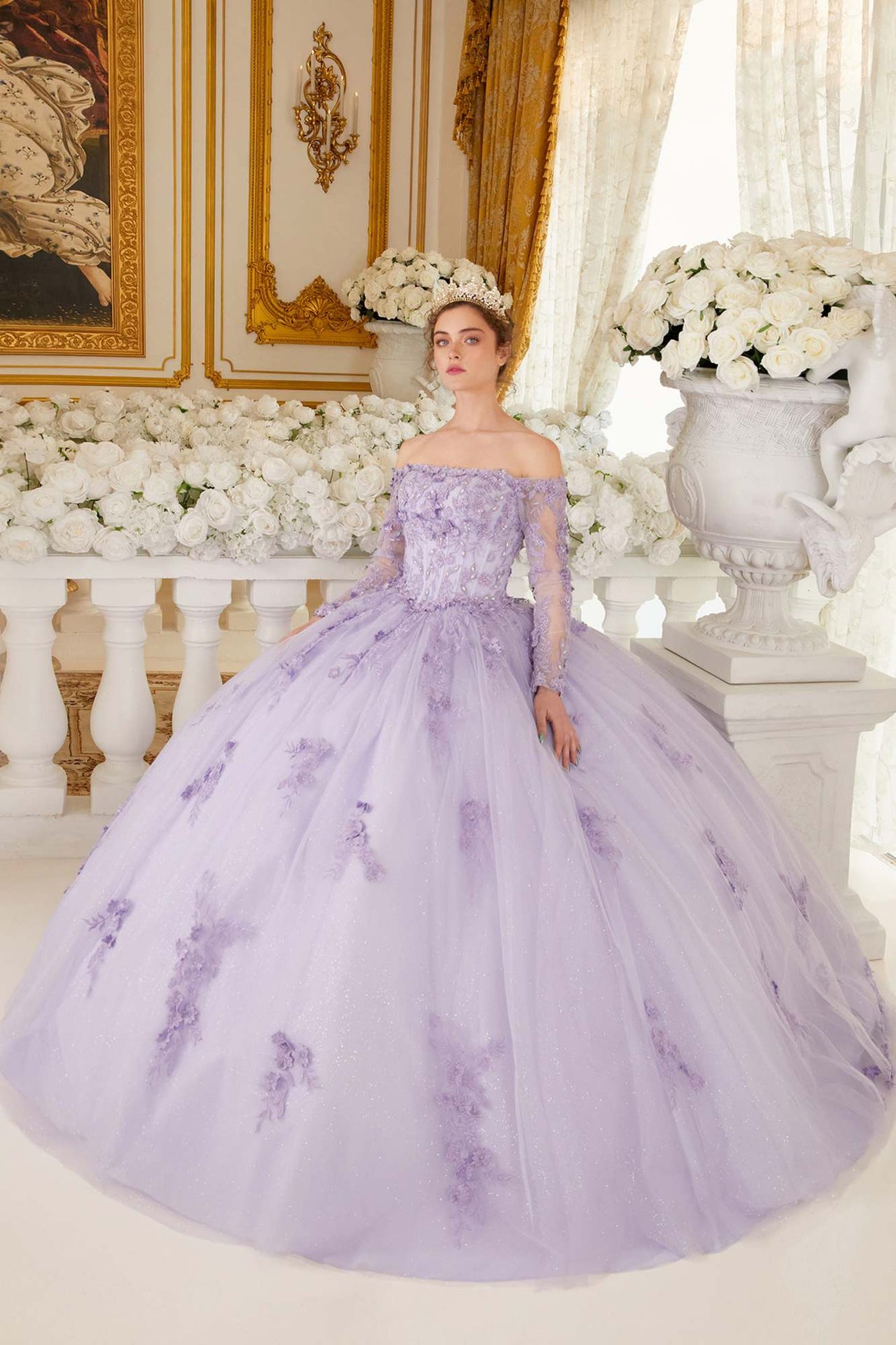 Ladivine 15706 Floor Length Off Shoulder Lace Long Sleeve Ball Gown