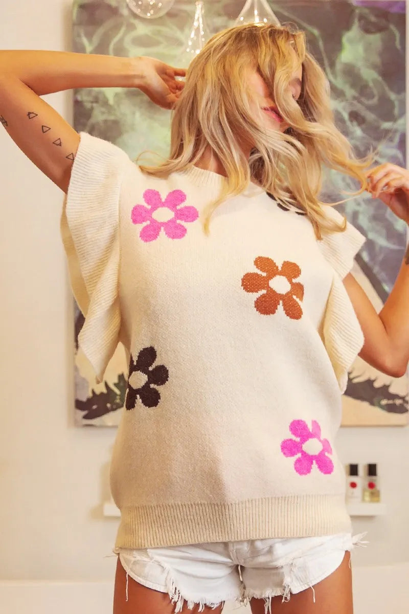 BiBi Flower Printed Ruffled Sleeves Top