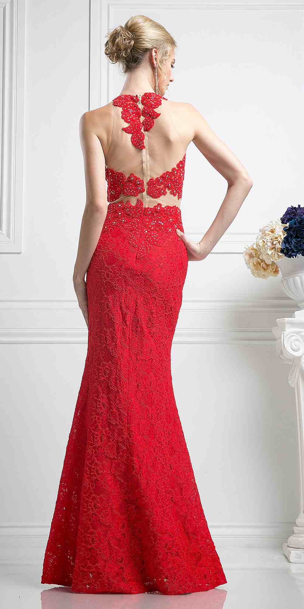 Cinderella Divine 1586 Halter Lace Appliques Mock Two-Piece Gown