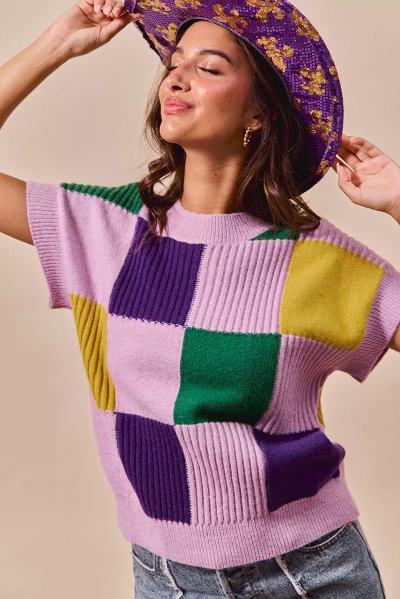 SO ME Mardi Gras Check Plaid Casual Sweater Top