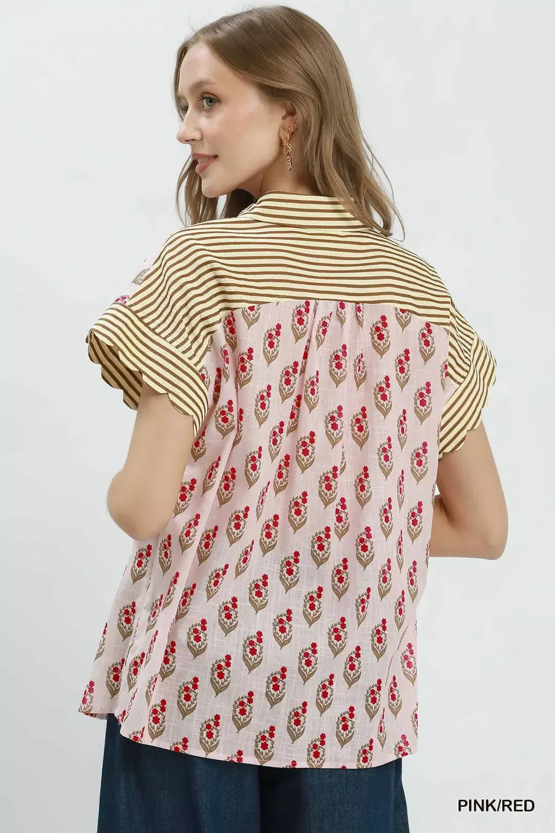 Umgee Block Print Button-Front Shirt with Contrast Stripe Point Collar